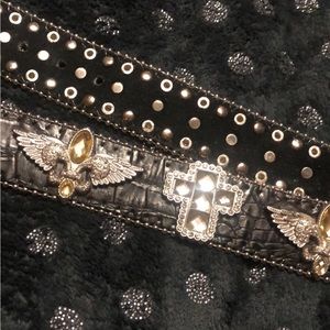 Western Leather and rhinestone cross and wings Y2K belt